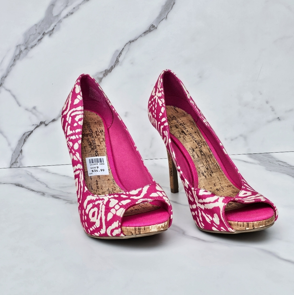 Christian Siriano Pink and Cream Peep Toe Cork Heels Size 9 - Picture 3 of 7